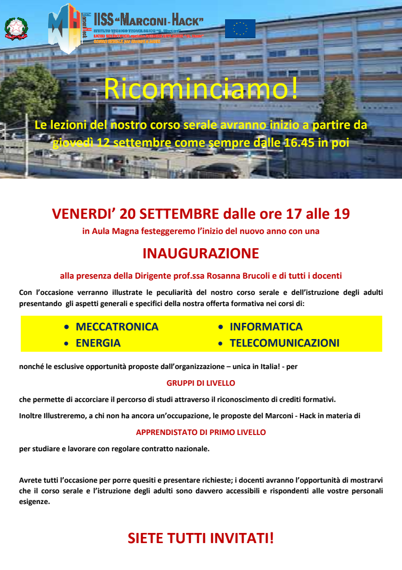 Locandina inaugurazione anno scolastico corso serale Marconi-Hack 2024-2025